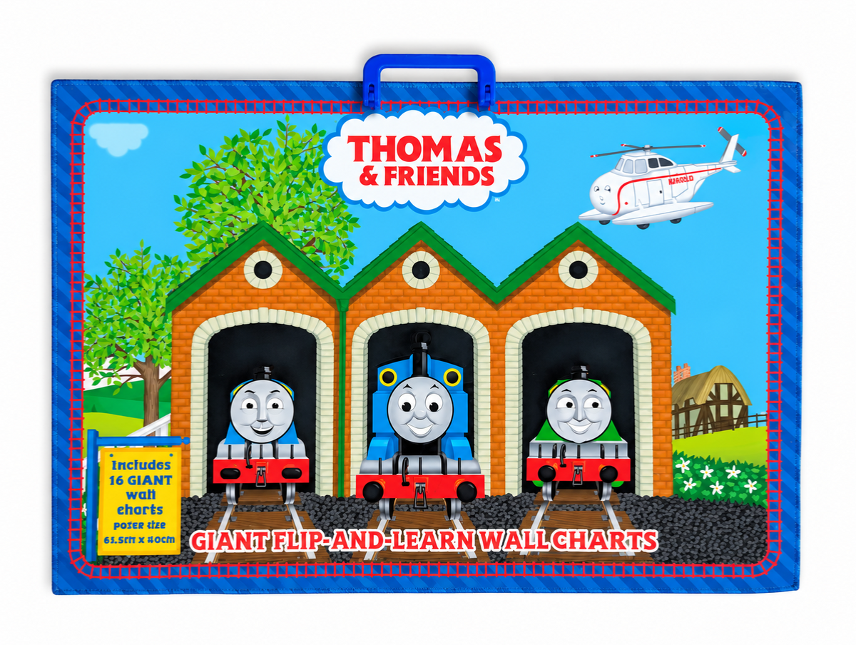 Thomas & Friends giant flip-and-learn wall charts set, featuring a colorful printed cover with three train sheds, Thomas, Percy, and Bull, a helicopter, and a blue carrying handle on a white background.